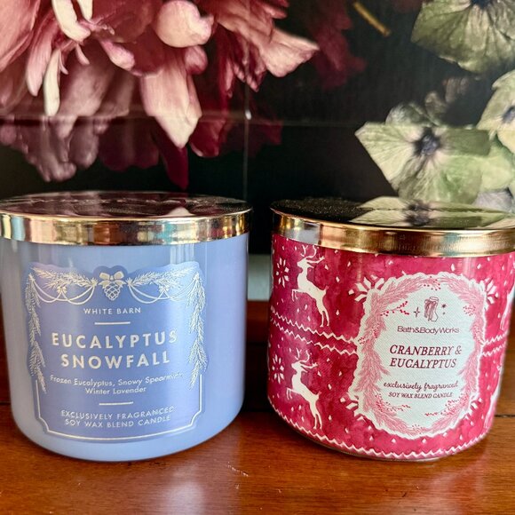 NEW 2-Pc Eucalyptus Snowfall & Cranberry & Eucalyptus 3-Wick 14.5 oz Candles BBW - Picture 1 of 5